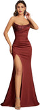Mermaid Satin Prom Dresses for Women Strapless Sequin Formal Dress 2027 Pleated Evening Party Gowns with Slit