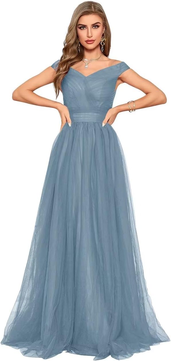 Schulterfreies Ballkleid, langes Ballkleid für Damen, A-Linie, Herzausschnitt, mehrlagiges Tüllkleid für Hochzeit, Abendparty 