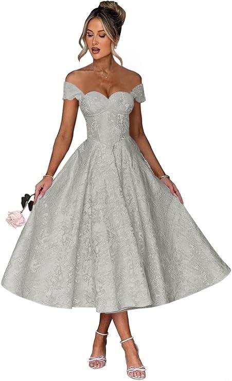 Off Shoulder Tea Length Prom Dress for Women Satin Floral Jacquard A Line Corset Cocktail Dress