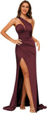 Women's One Shoulder Prom Dress 2025 Satin Long Ruched Mermaid Formal Dresses with Slit