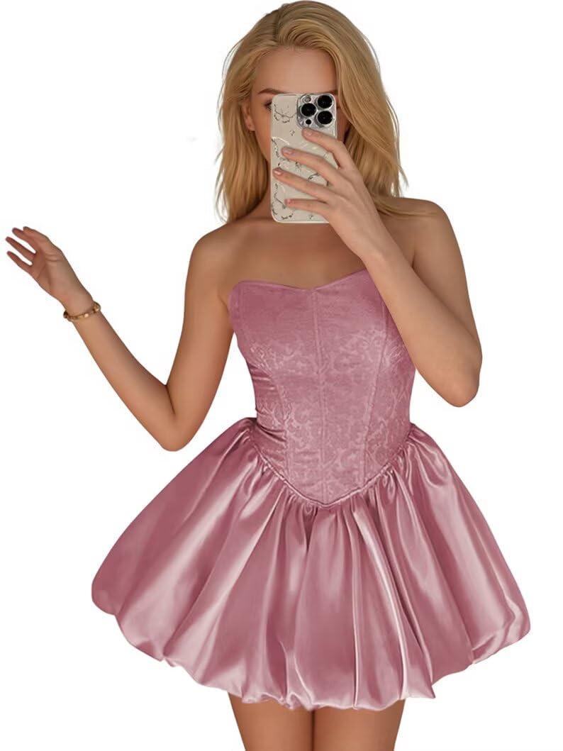 Strapless Satin Homecoming Dresses for Teens Jacquard Short Prom Dress A-line Cocktail Party Gowns with Pockets