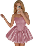 Strapless Satin Homecoming Dresses for Teens Jacquard Short Prom Dress A-line Cocktail Party Gowns with Pockets