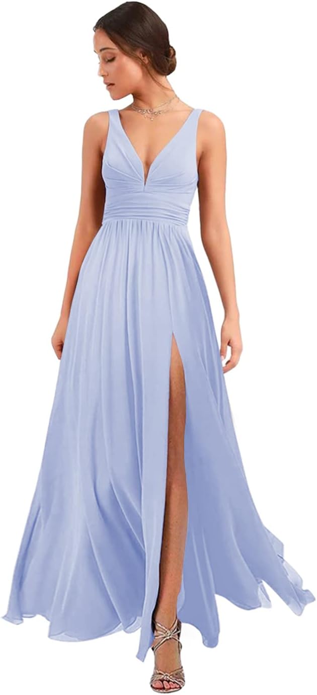 Women's Deep V Neck Bridesmaid Dresses with Slit Chiffon Pleats A Line Formal Party Dresses with Pockets