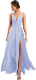 Women's Deep V Neck Bridesmaid Dresses with Slit Chiffon Pleats A Line Formal Party Dresses with Pockets