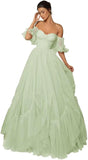 A-line Ruffled Short Sleeve Tulle Prom Dress for Women, Sweetheart Formal Gown Off The Shoulder Long Party Dress