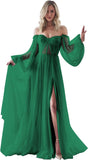 Women's Puffy Long Sleeve Prom Dresses with Slit Off Shoulder Tulle Wedding Formal Evening Gowns