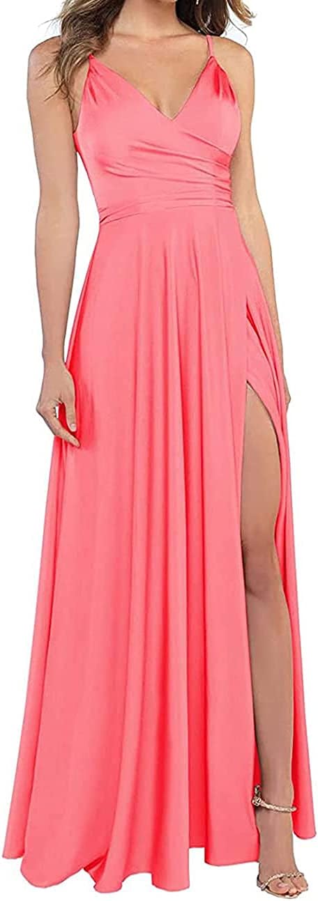 Lange Brautjungfernkleider für Frauen, formelle Satin-Spaghettiträger, Abschlussball- und Abendkleider 