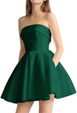 Women's Strapless Satin Short Prom Dresses with Pocket A Line Glitter Homecoming Dress Short Evening Party Ball Gown
