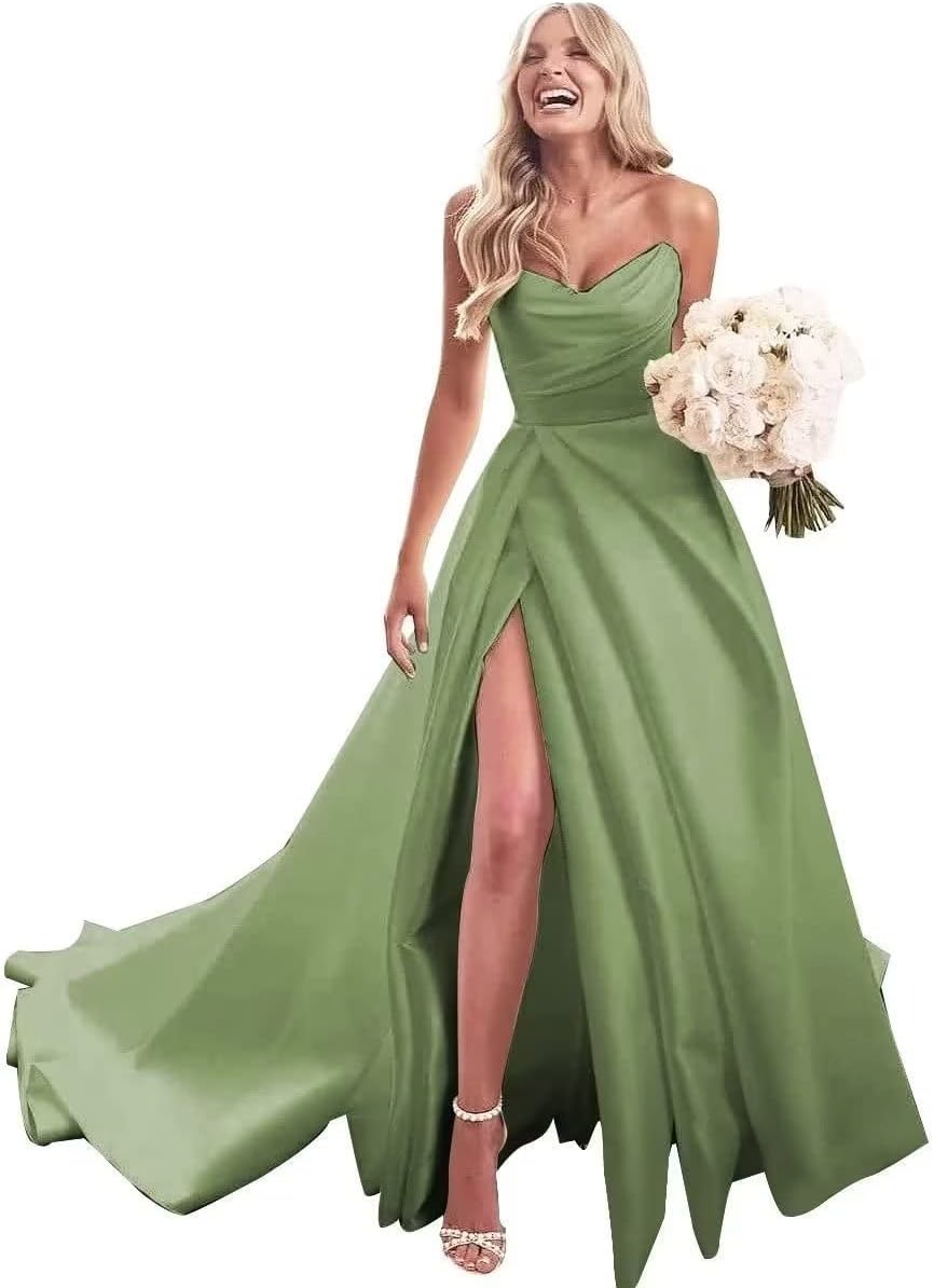 Trägerloses Ballkleid, langes Ballkleid, Satin-Brautkleid für die Braut, A-Linie, formelle Abendkleider mit Schlitz 