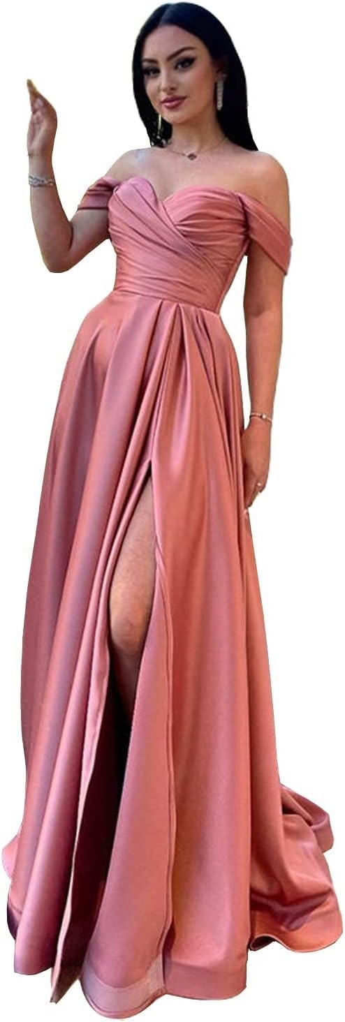 Schulterfreies Satin-Ballkleid, herzförmiger Ausschnitt, formelles Kleid, A-Linie, Abendkleid mit Schlitz 