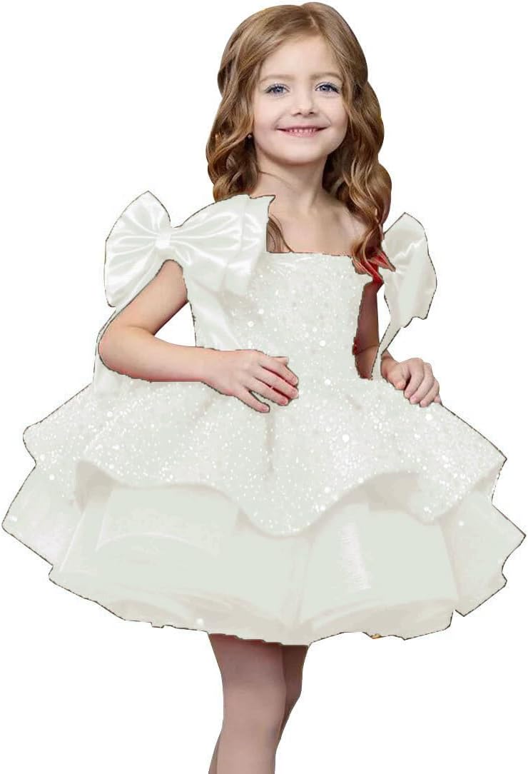 Sparkly Sequin Puffy Flower Dresses Short Girls A Line Princess Bow Knot Birthday Party Dress