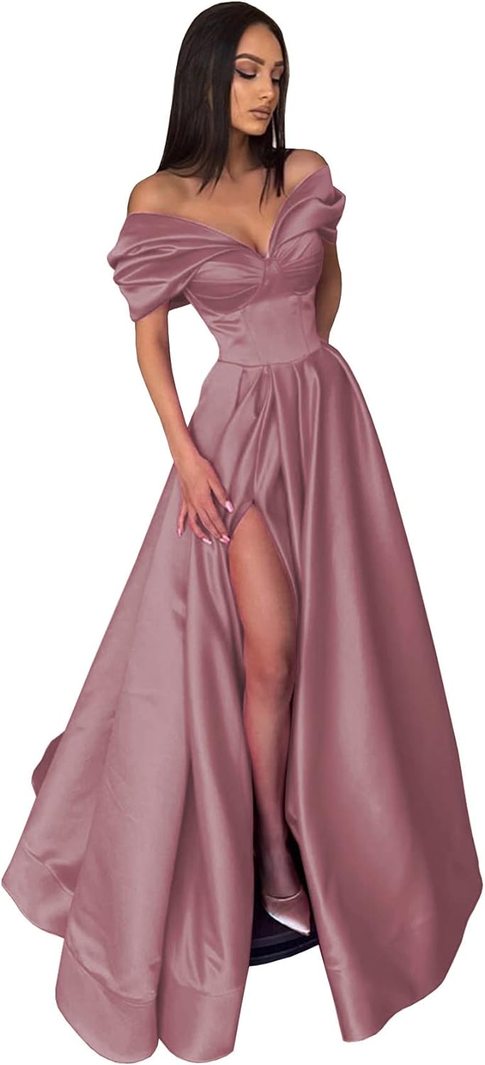 Women’s Off The Shoulder Prom Dresses with Slit Satin Ruched Long Formal Evening Gowns