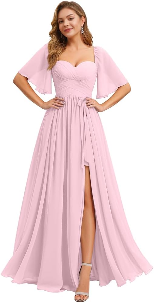 Women's Chiffon Bridesmaid Dresses for Wedding Flutter Sleeves Ruched A Line Long Formal Dress with Slit