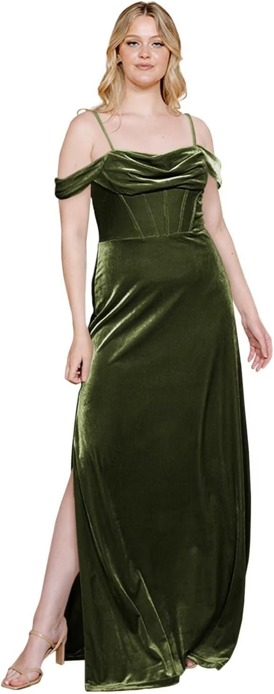 Vestidos largos de dama de honor de terciopelo con hombros descubiertos y cuello vuelto, vestidos formales de noche con abertura 