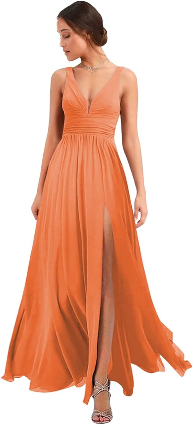 Women's Deep V Neck Bridesmaid Dresses with Slit Chiffon Pleats A Line Formal Party Dresses with Pockets
