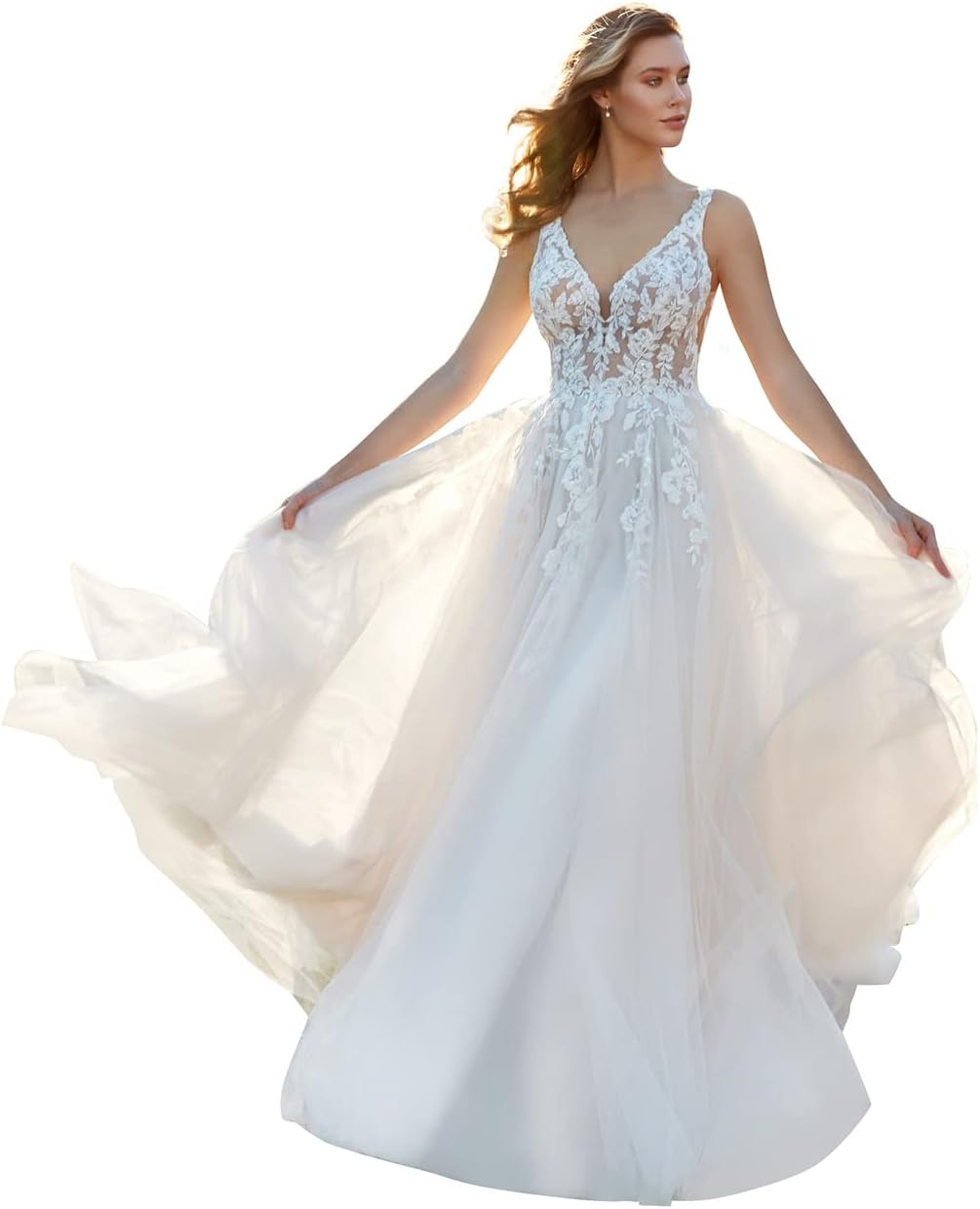 Damen Meerjungfrau Brautkleid mit Spitzenapplikationen und langen Ärmeln, V-Ausschnitt