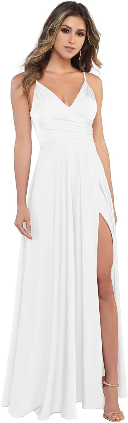 Damen-Brautjungfernkleider aus Satin mit V-Ausschnitt und Schlitz, Spaghettiträgern, formelle Ballkleider mit Taschen 