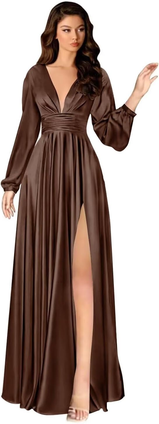 Kingbridal Gowns Long Sleeve Satin Bridesmaid Dresses for Women Long A-Line V-Neck Pleated Formal Evening Party Ball Gown with Slit