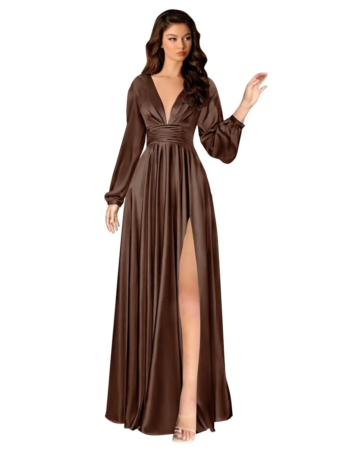 Kingbridal Gowns Long Sleeve Satin Bridesmaid Dresses for Women Long A-Line V-Neck Pleated Formal Evening Party Ball Gown with Slit