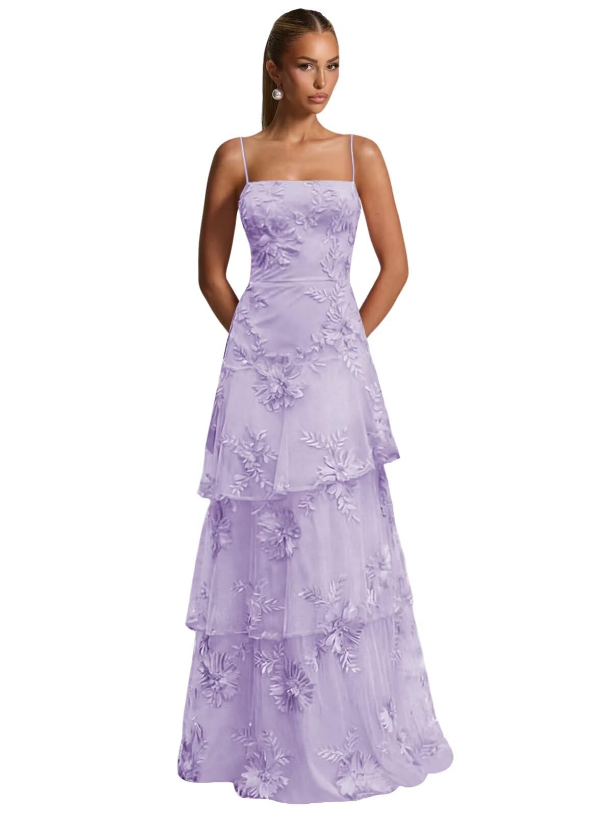 Ruffle Floral Embroidery Prom Dress Long A Line Tiered Bridesmaid Dresses Formal Evening Gowns