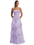 Ruffle Floral Embroidery Prom Dress Long A Line Tiered Bridesmaid Dresses Formal Evening Gowns