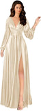 Kingbridal Gowns Long Sleeve Satin Bridesmaid Dresses for Women Long A-Line V-Neck Pleated Formal Evening Party Ball Gown with Slit