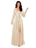 Kingbridal Gowns Long Sleeve Satin Bridesmaid Dresses for Women Long A-Line V-Neck Pleated Formal Evening Party Ball Gown with Slit