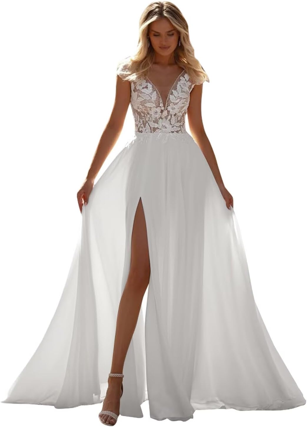 Kingbridal Gowns Lace Appliques Wedding Dresses for Bride Long V Neck Tulle Chiffon A-line Sleeveless Bridal Ball Gown for Women