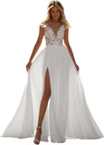 Kingbridal Gowns Lace Appliques Wedding Dresses for Bride Long V Neck Tulle Chiffon A-line Sleeveless Bridal Ball Gown for Women