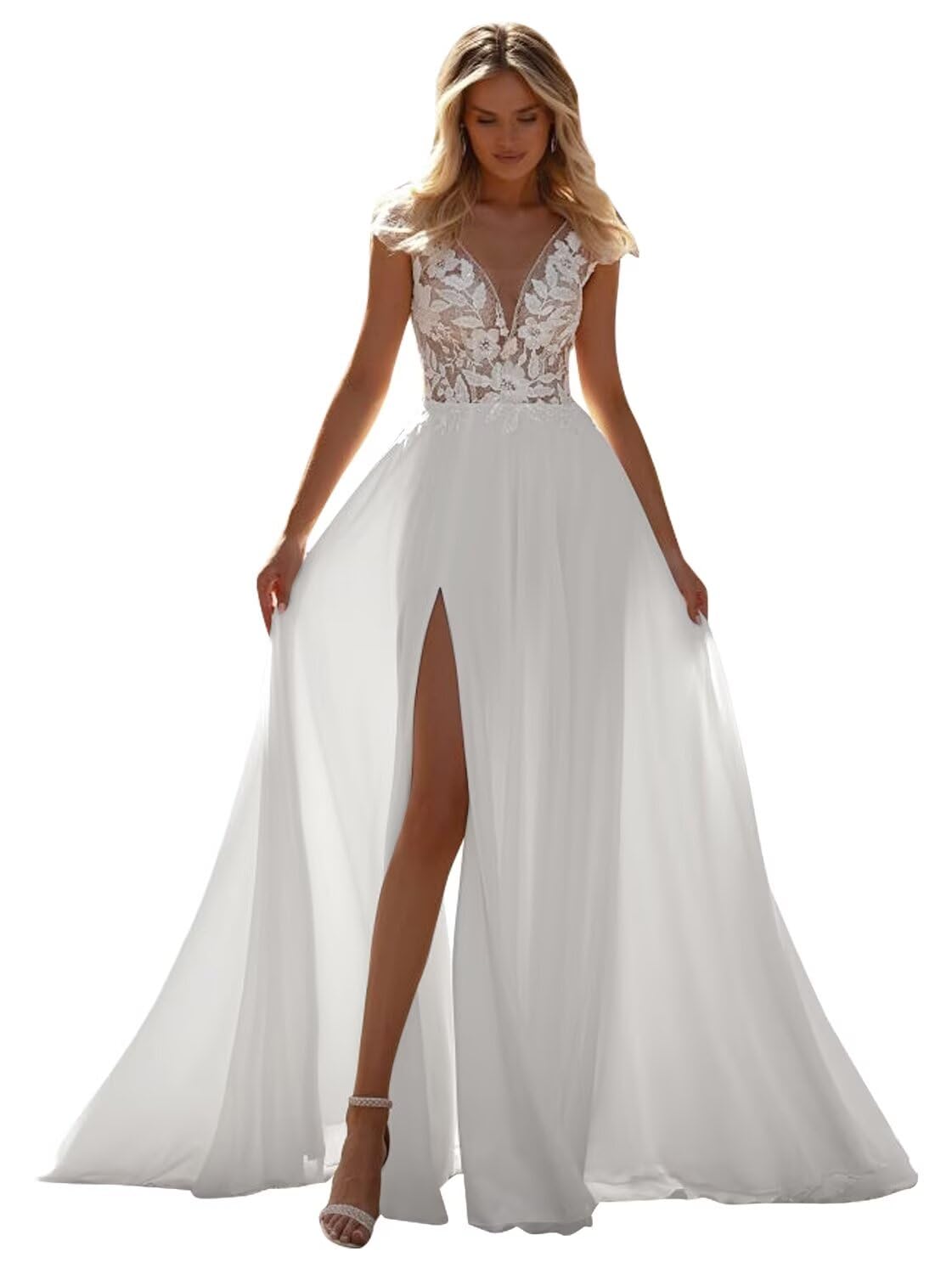 Kingbridal Gowns Lace Appliques Wedding Dresses for Bride Long V Neck Tulle Chiffon A-line Sleeveless Bridal Ball Gown for Women