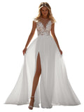 Kingbridal Gowns Lace Appliques Wedding Dresses for Bride Long V Neck Tulle Chiffon A-line Sleeveless Bridal Ball Gown for Women