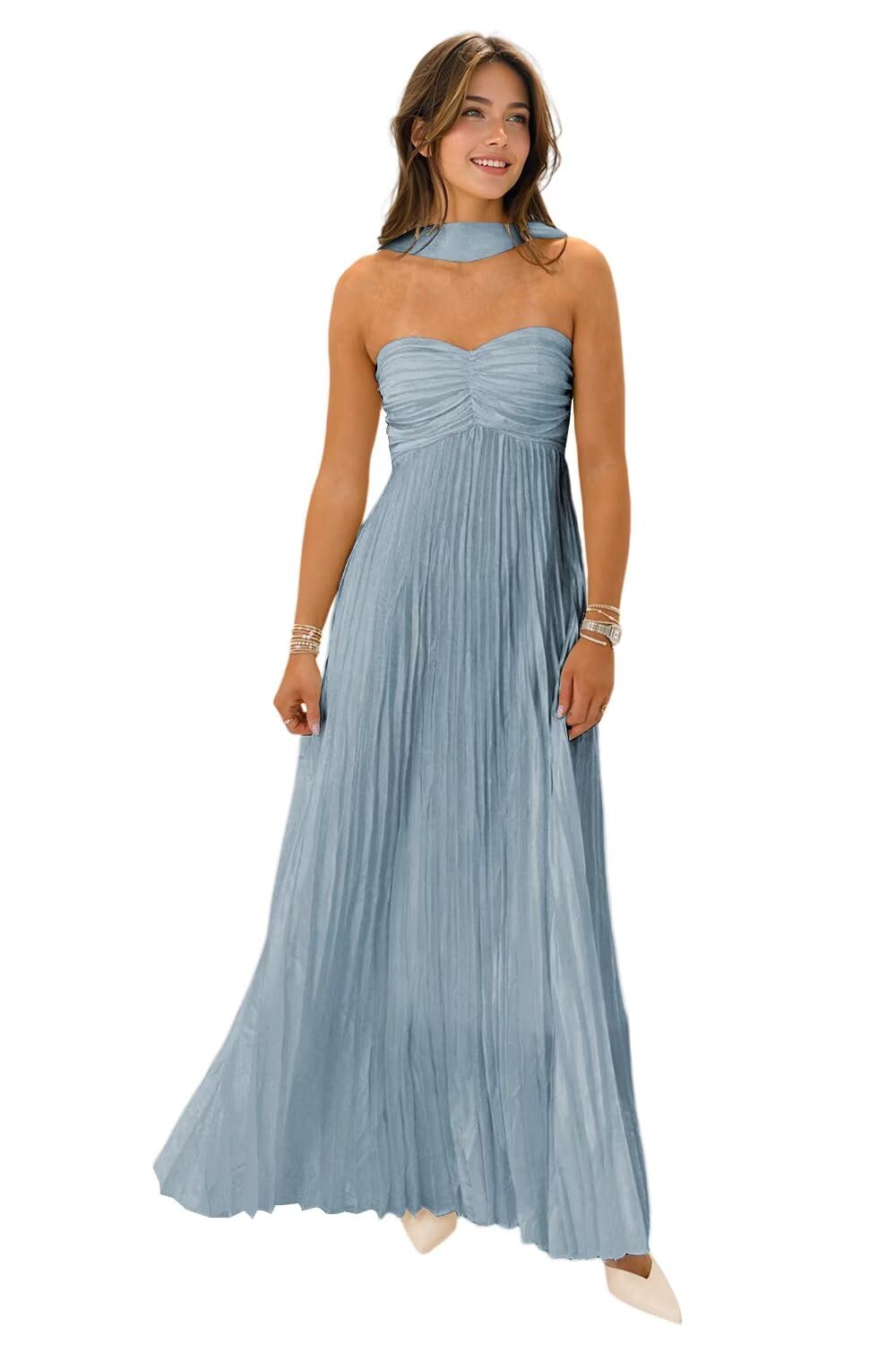Flowy Chiffon Bridesmaid Prom Dress with Scarf Strapless Pleated Formal Evening Dresses