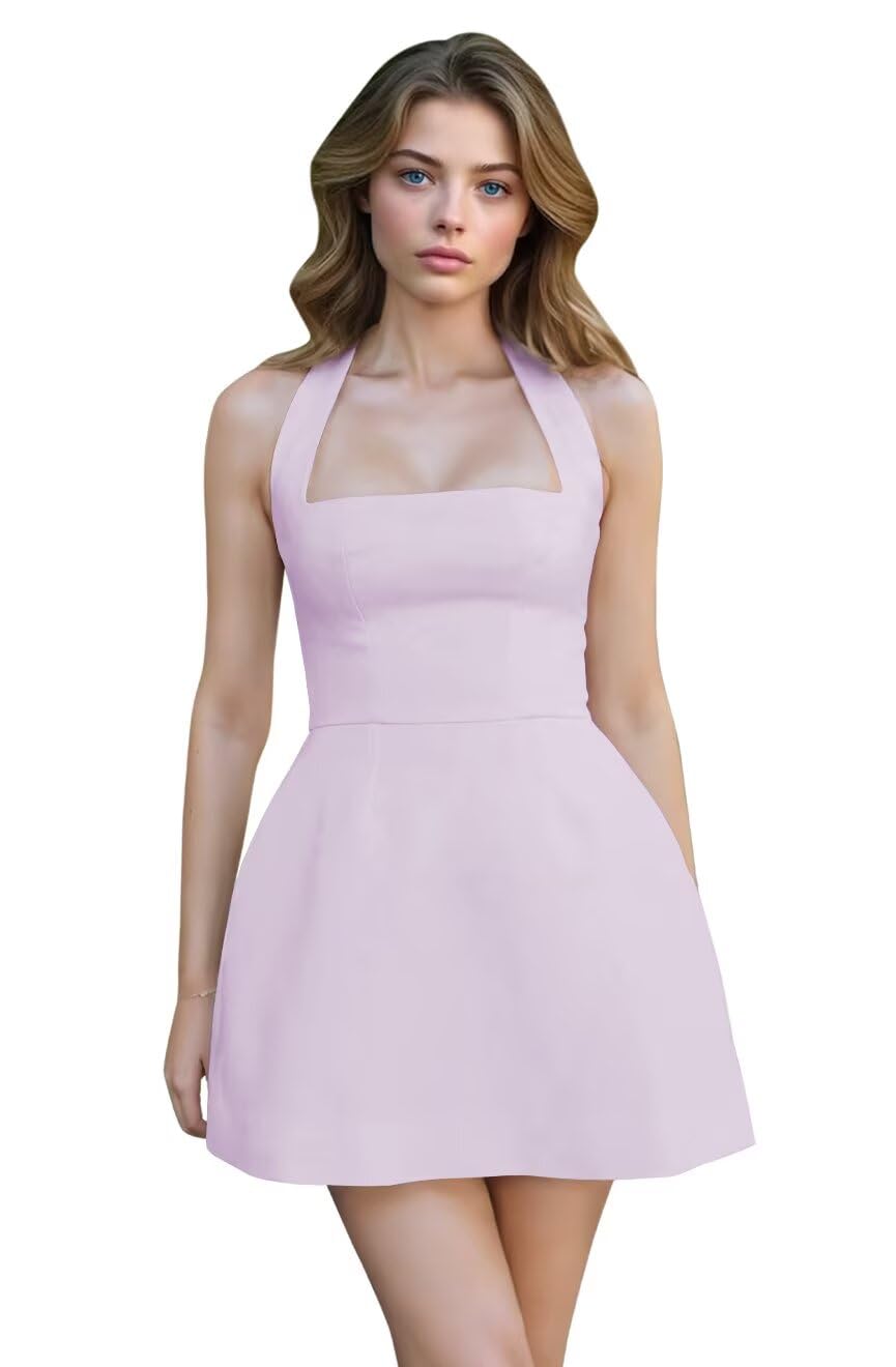 Satin Halter Homecoming Dresses for Teens Short Prom Dress 2027 Mini Formal Evening Cocktail Gowns with Pockets