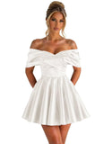Off Shoulder Satin Homecoming Dresses for Teens 2026 Short Prom Dress A-line Pleated Cocktail Party Gowns