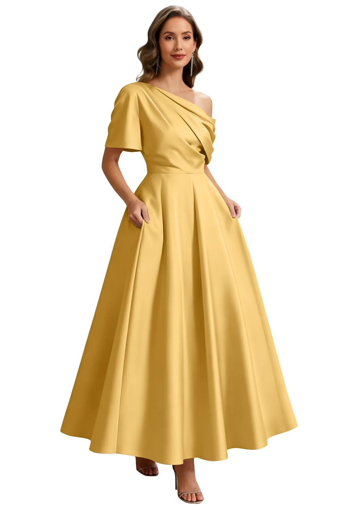 Kingbridal Satin Mother of The Bride Dresses for Women Tea Length Formal Dress One Shoulder Evening Party Gowns with Pockets