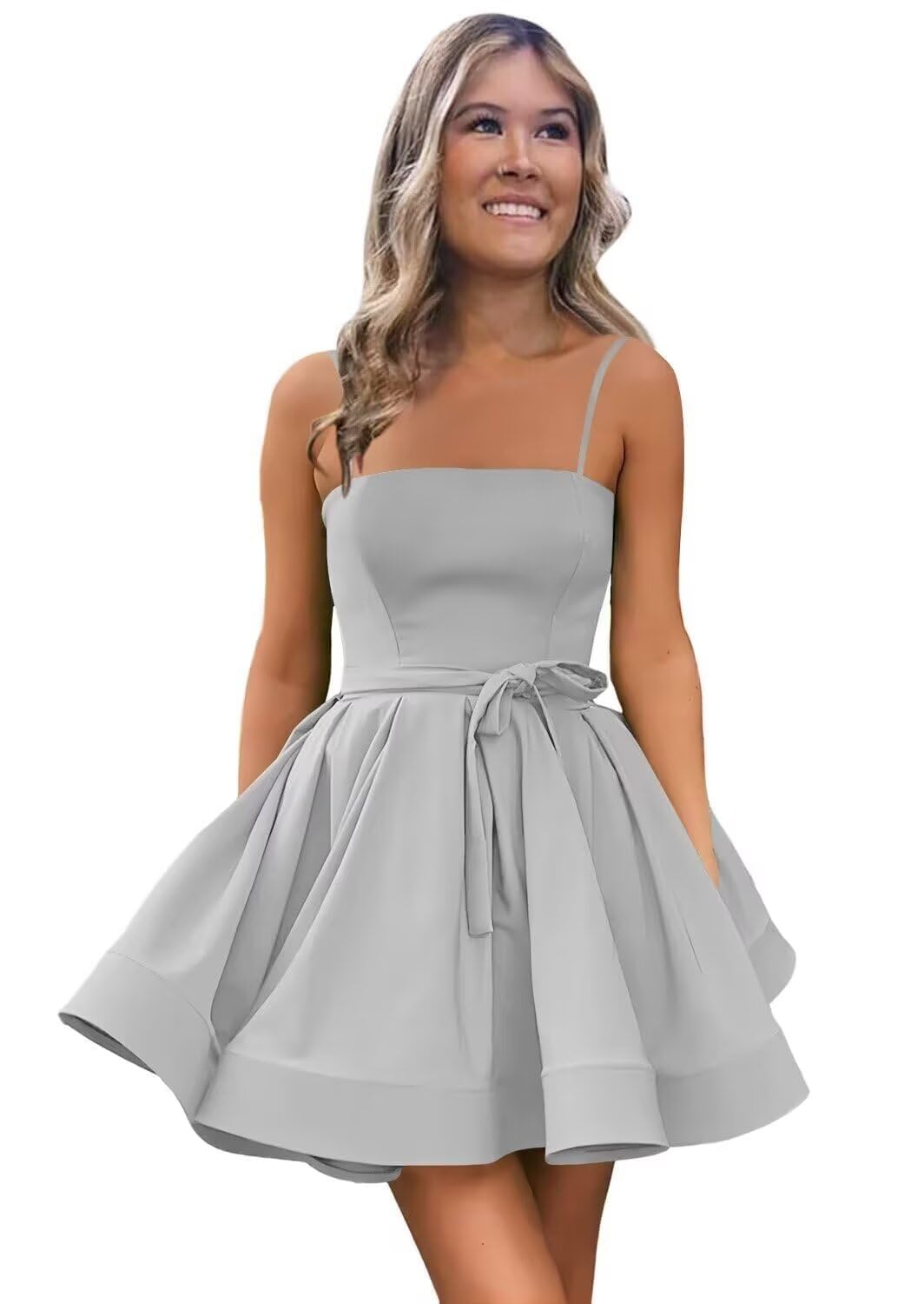Women’s Short Satin Spaghetti Straps Formal Homecoming Dresses A Line Corset Puffy Prom Gown with Pockets for Teens