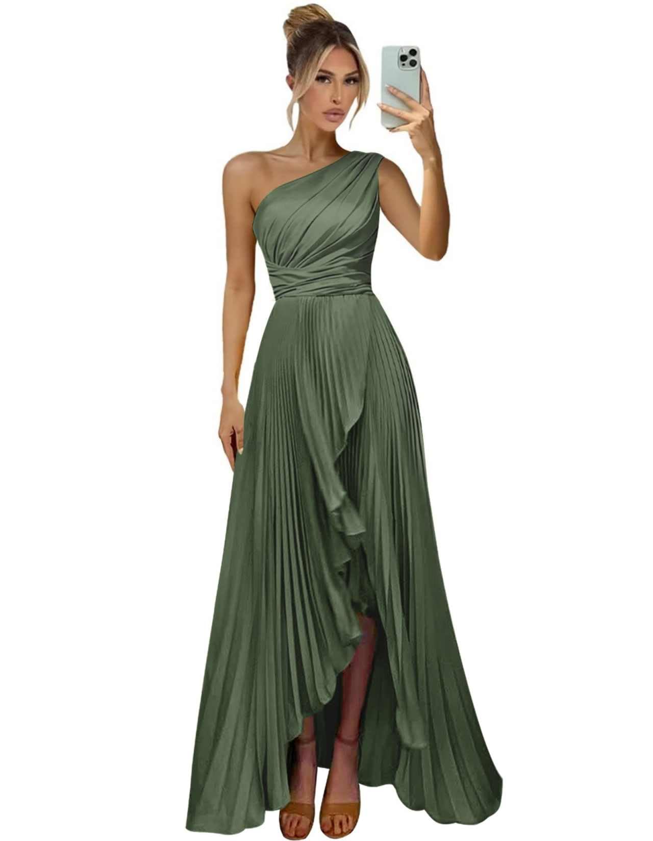 One Shoulder Bridesmaid Dresses for Women Satin Pleated Long A Line Formal Prom Evening Party Dress with Slit