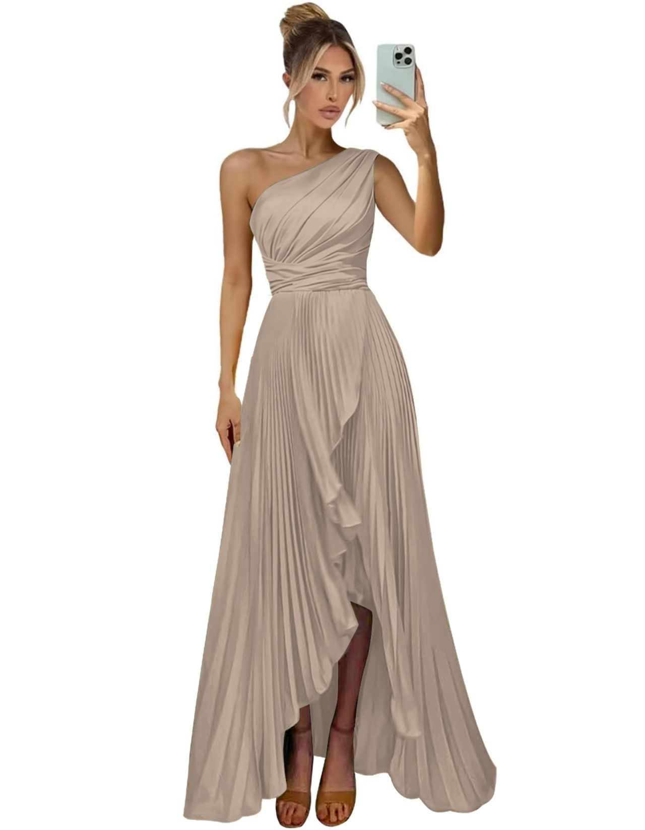 One Shoulder Bridesmaid Dresses for Women Satin Pleated Long A Line Formal Prom Evening Party Dress with Slit