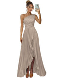 One Shoulder Bridesmaid Dresses for Women Satin Pleated Long A Line Formal Prom Evening Party Dress with Slit