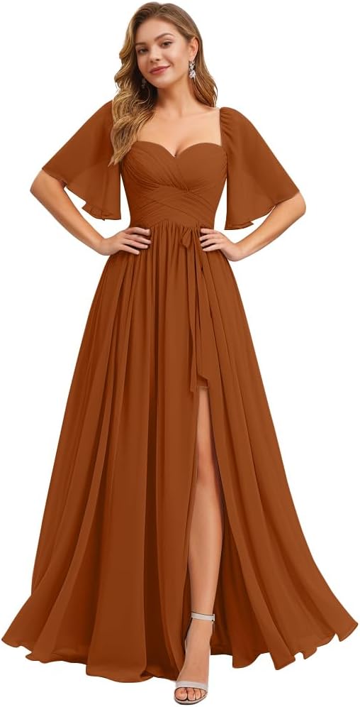 Women's Chiffon Bridesmaid Dresses for Wedding Flutter Sleeves Ruched A Line Long Formal Dress with Slit