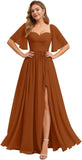 Women's Chiffon Bridesmaid Dresses for Wedding Flutter Sleeves Ruched A Line Long Formal Dress with Slit