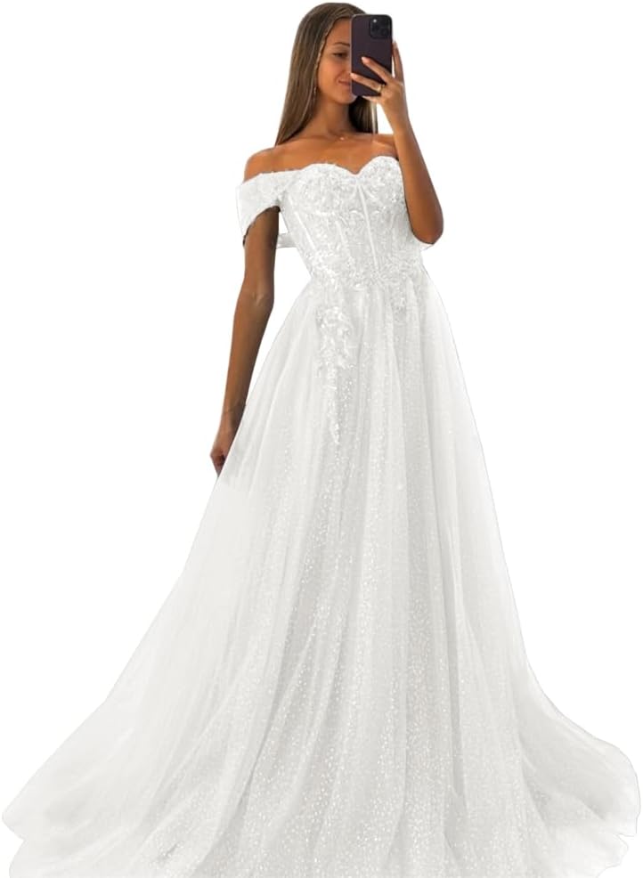 Off The Shoulder Tulle Prom Dresses 2027 Lace Applique A Line Long Sparkly Formal Evening Party Gowns