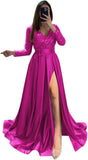 Long Sleeve Sequin Prom Dresses for Women 2027 Satin Formal Dress Sparkly Slit Evening Party Gown with Pocket