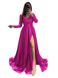 Long Sleeve Sequin Prom Dresses for Women 2027 Satin Formal Dress Sparkly Slit Evening Party Gown with Pocket
