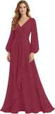 Women's Chiffon Bridesmaid Dresses Long Sleeve Ruffles V-Neck Pleated Formal Wedding Guest Dresses Mother of the bride Dress