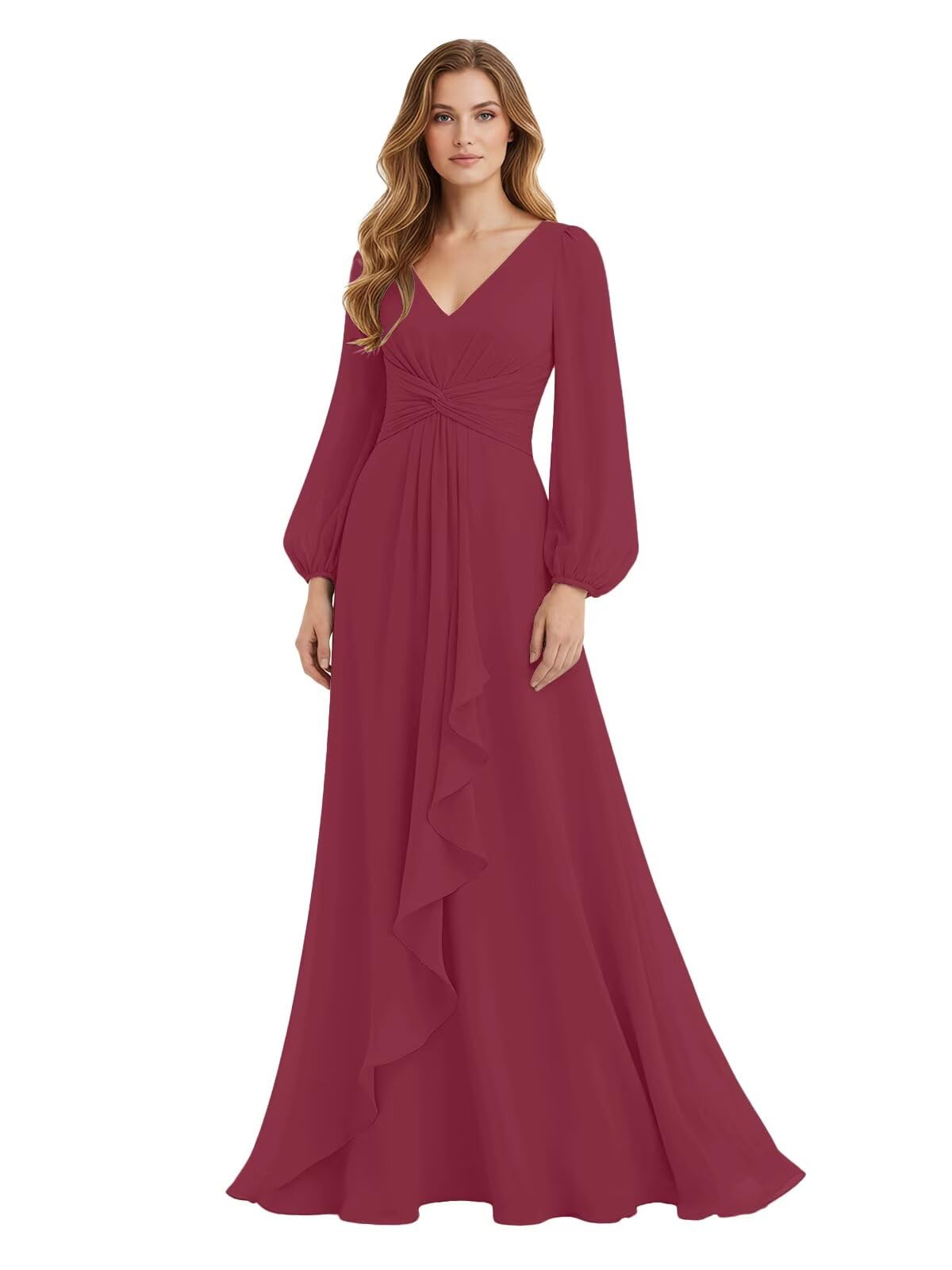 Women's Chiffon Bridesmaid Dresses Long Sleeve Ruffles V-Neck Pleated Formal Wedding Guest Dresses Mother of the bride Dress