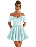 Off Shoulder Satin Homecoming Dresses for Teens 2026 Short Prom Dress A-line Pleated Cocktail Party Gowns
