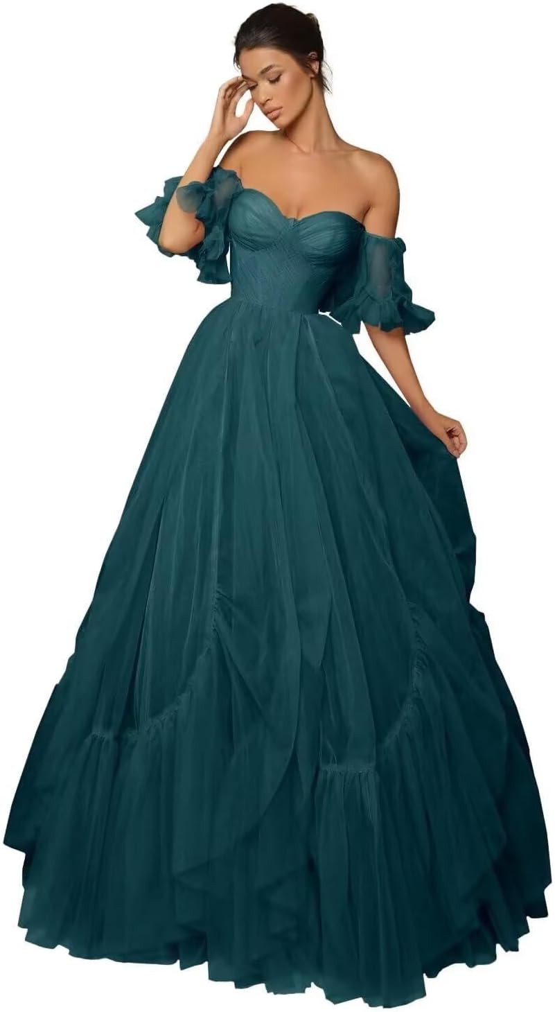 A-line Ruffled Short Sleeve Tulle Prom Dress for Women, Sweetheart Formal Gown Off The Shoulder Long Party Dress