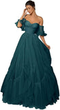 A-line Ruffled Short Sleeve Tulle Prom Dress for Women, Sweetheart Formal Gown Off The Shoulder Long Party Dress