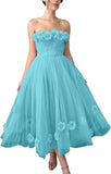 Women's 3D Flower Off Shoulder Tea Length Whimsical Prom Dress, A Line Strapless Tulle Formal Evening Party Gown